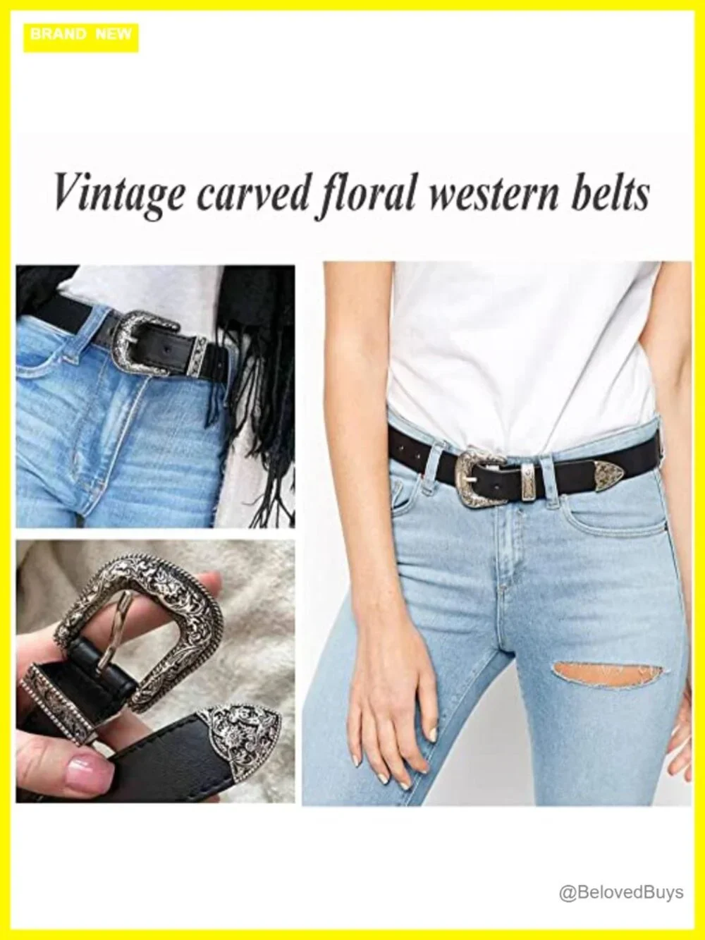 Vintage Western PU Leather Women's Belt Floral Hollow Out Buckle